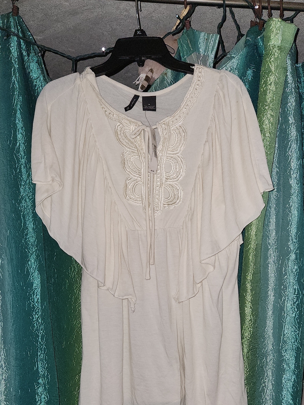 new directions Ivory Embroidered Tie-Neck Flutter Sleeve Top